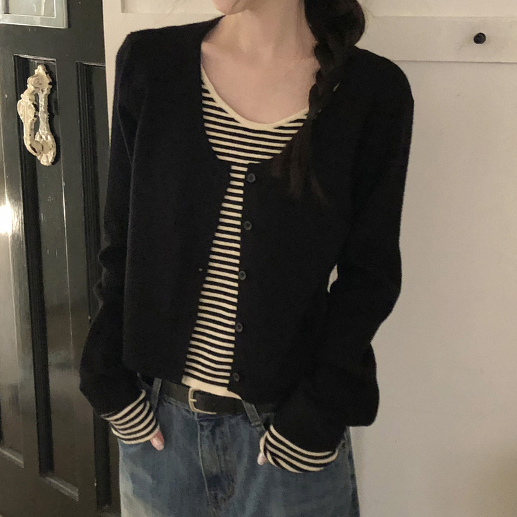 ストライプレイヤードニットカーディガン BLACK