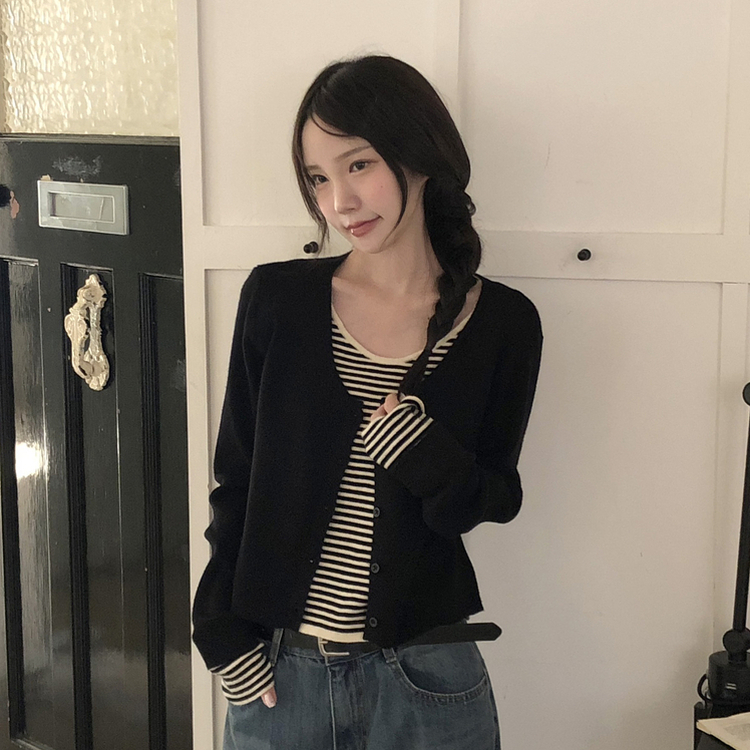 ストライプレイヤードニットカーディガン BLACK