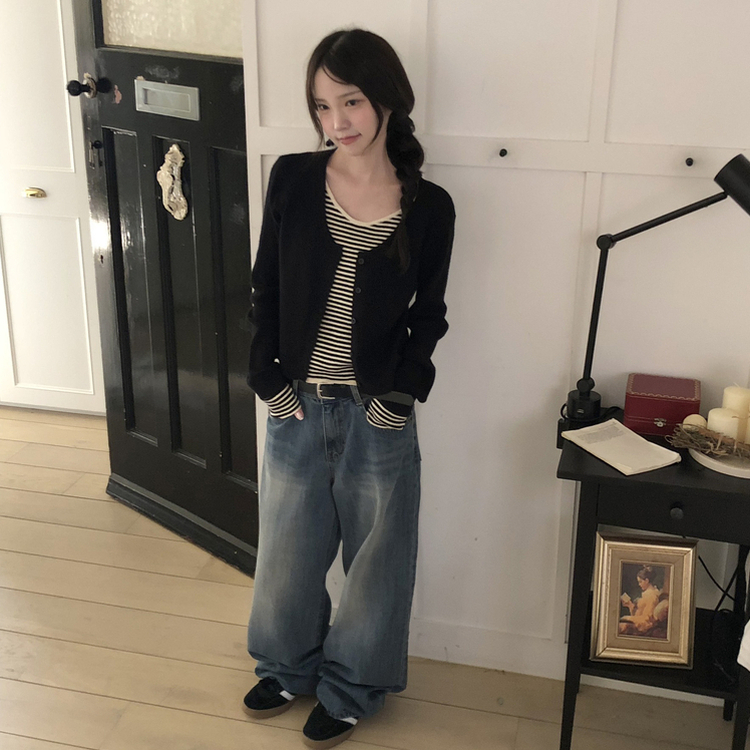 ストライプレイヤードニットカーディガン BLACK