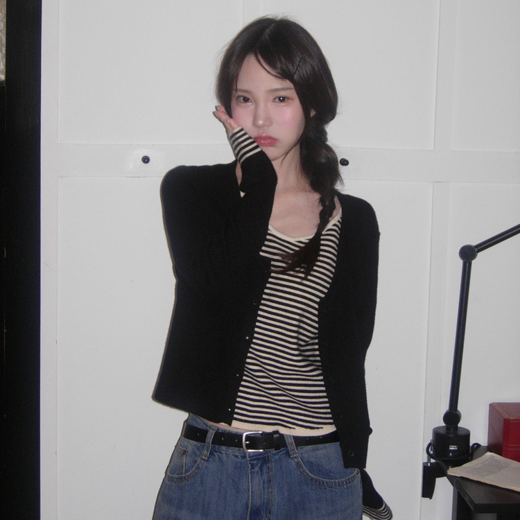 ストライプレイヤードニットカーディガン BLACK