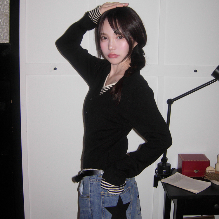 ストライプレイヤードニットカーディガン BLACK