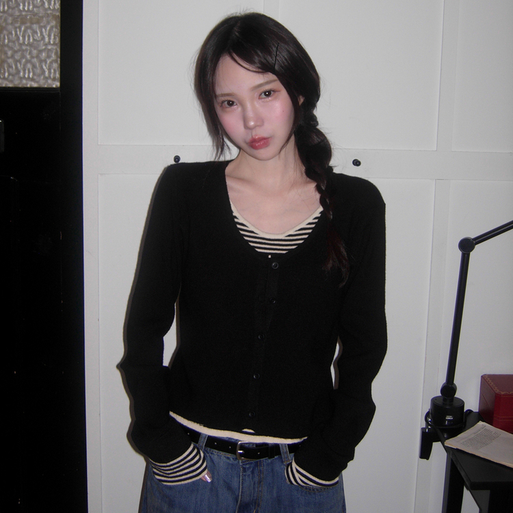 ストライプレイヤードニットカーディガン BLACK