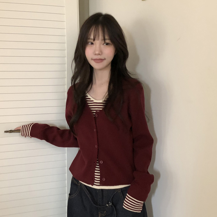 ストライプレイヤードニットカーディガン BURGUNDY