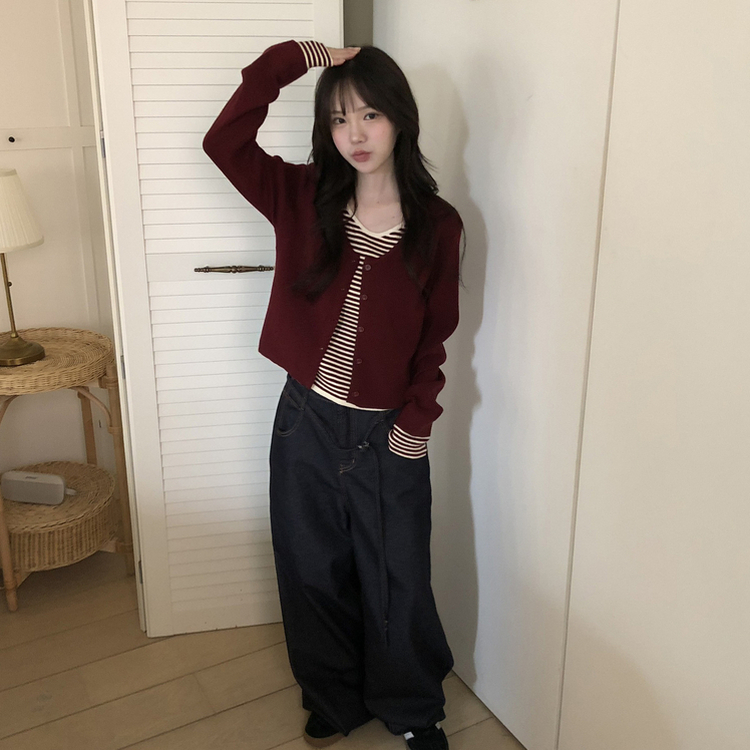 ストライプレイヤードニットカーディガン BURGUNDY