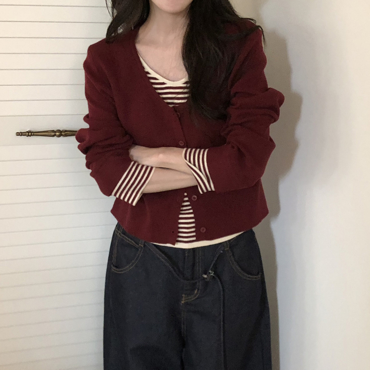 ストライプレイヤードニットカーディガン BURGUNDY