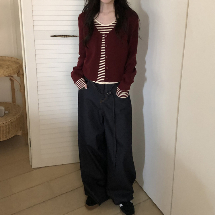 ストライプレイヤードニットカーディガン BURGUNDY