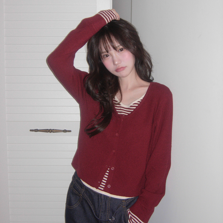 ストライプレイヤードニットカーディガン BURGUNDY