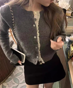 フリルバイカラーカーディガン GREY