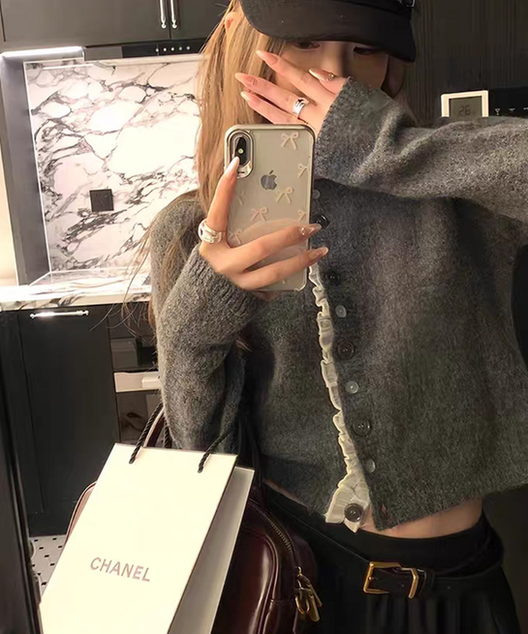 フリルバイカラーカーディガン GREY