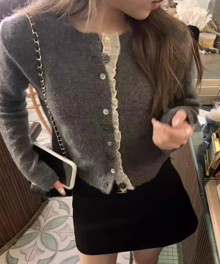 フリルバイカラーカーディガン GREY