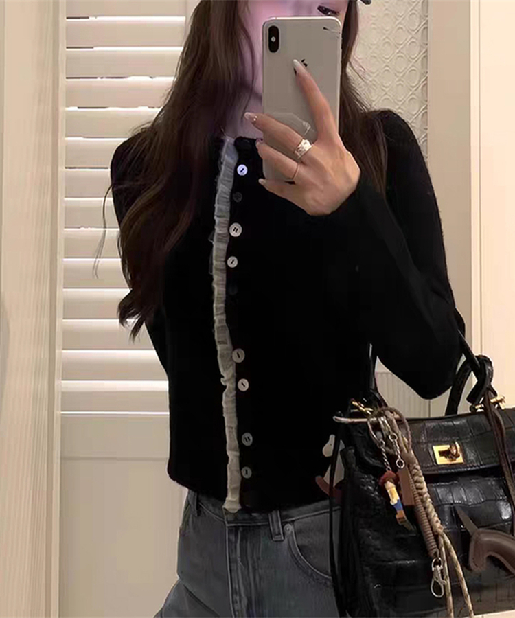 フリルバイカラーカーディガン BLACK