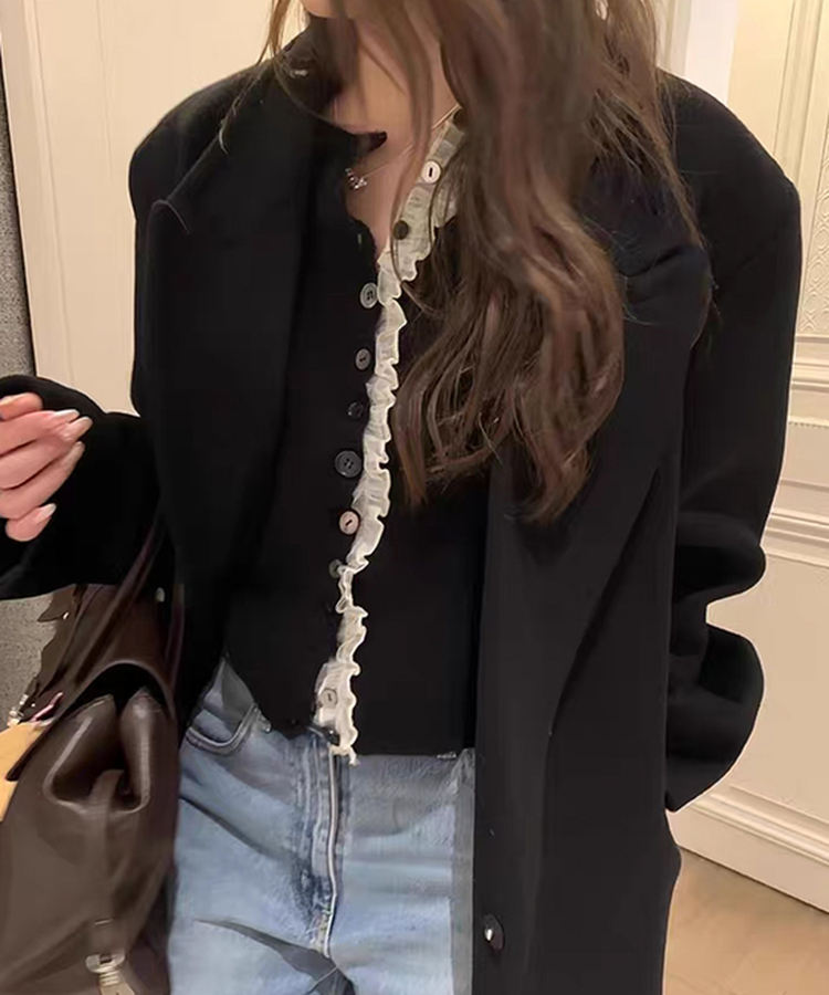 フリルバイカラーカーディガン BLACK