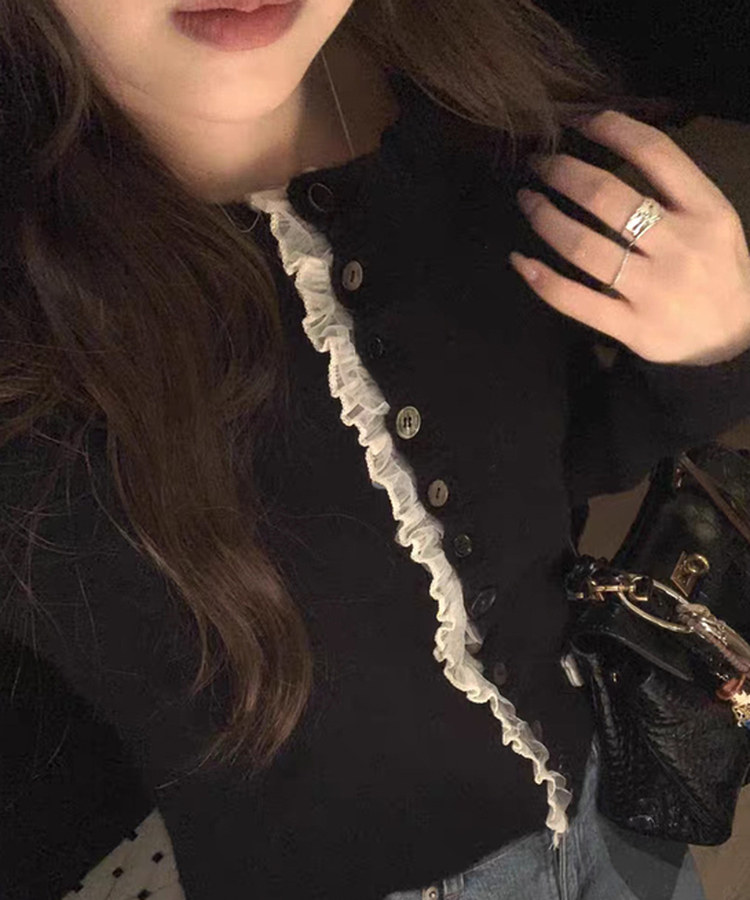 フリルバイカラーカーディガン BLACK