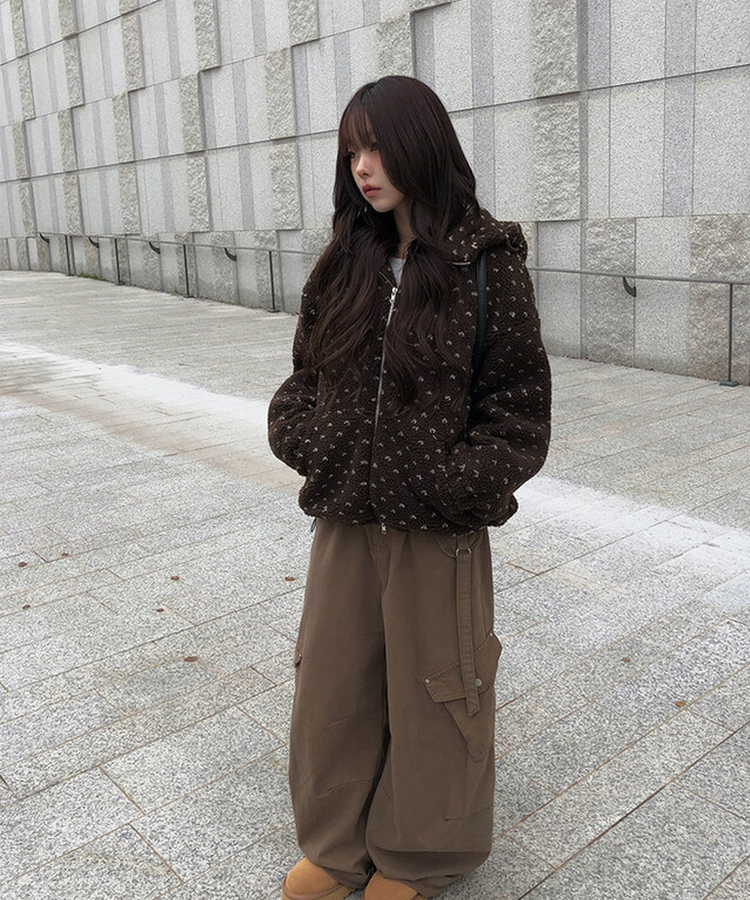 ハートボアフリースフードジャンパー BROWN