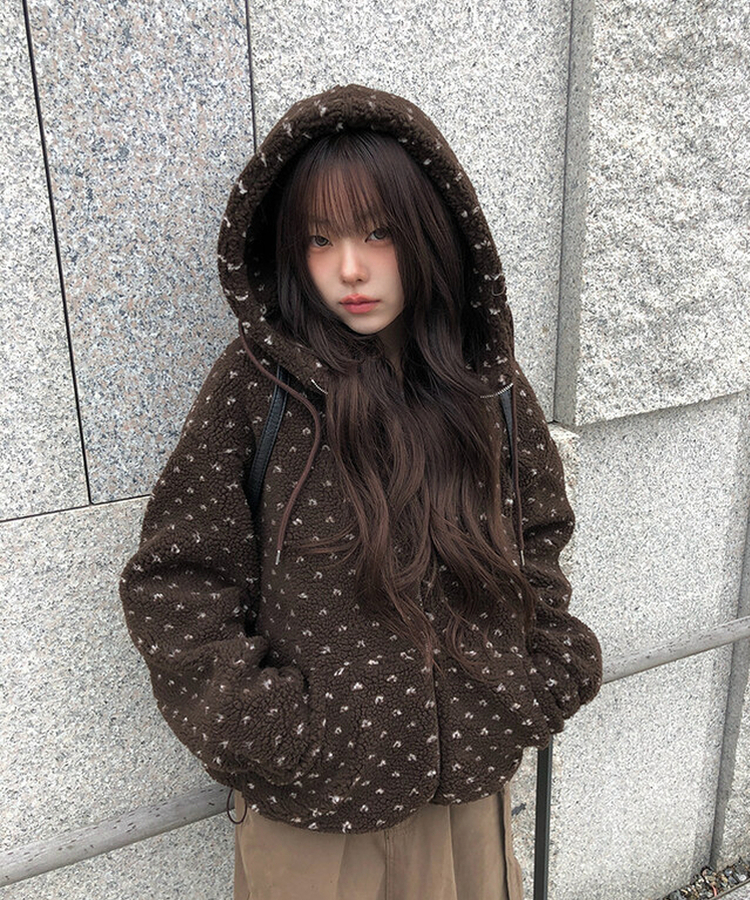 ハートボアフリースフードジャンパー BROWN