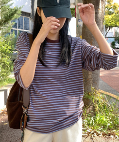 【起毛】ベインストライプTシャツ BLUE