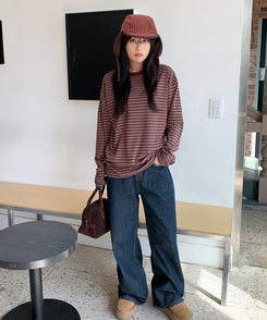 【起毛】ベインストライプTシャツ BURGUNDY