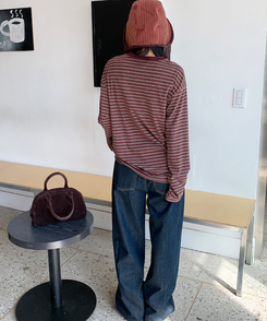 【起毛】ベインストライプTシャツ BURGUNDY