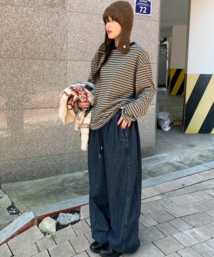 【起毛】ベインストライプTシャツ SOFT KAKKI