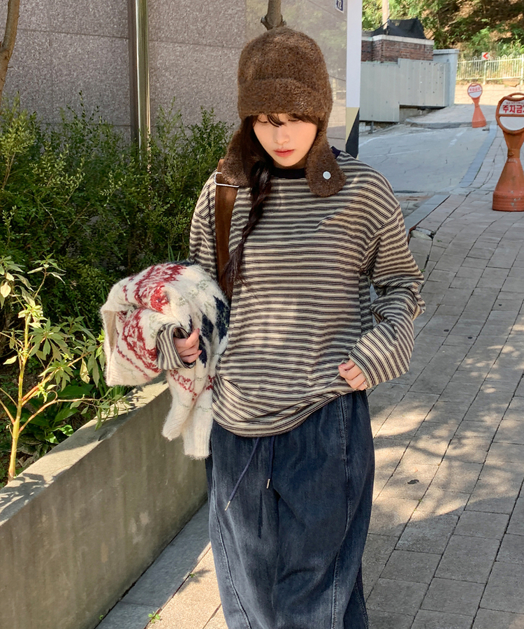 【起毛】ベインストライプTシャツ SOFT KAKKI