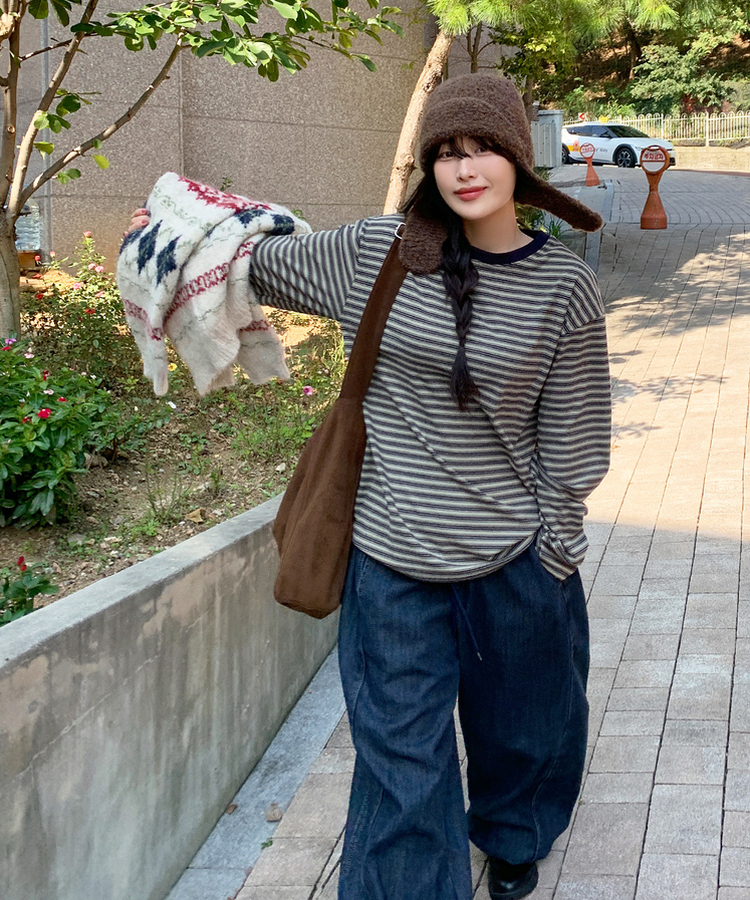 【起毛】ベインストライプTシャツ SOFT KAKKI