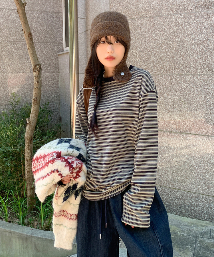 【起毛】ベインストライプTシャツ SOFT KAKKI