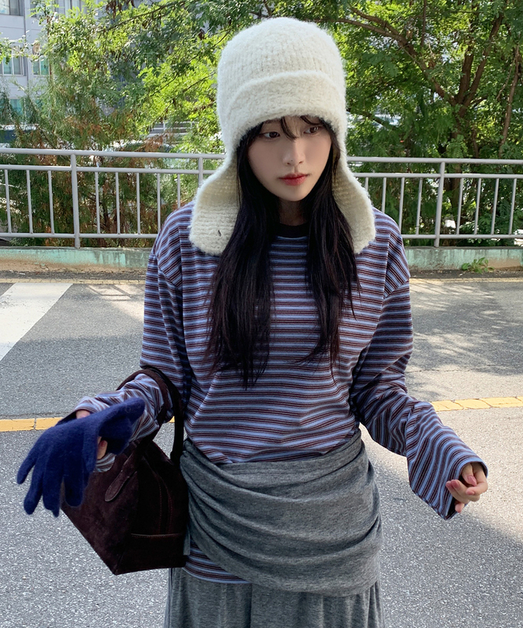 【起毛】ベインストライプTシャツ BLUE