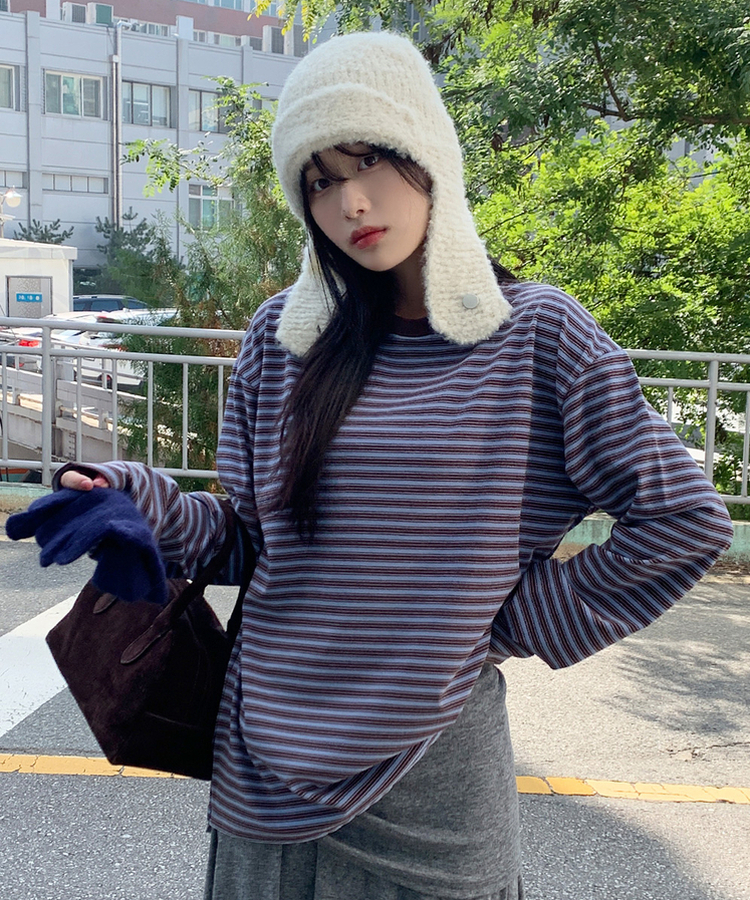 【起毛】ベインストライプTシャツ BLUE