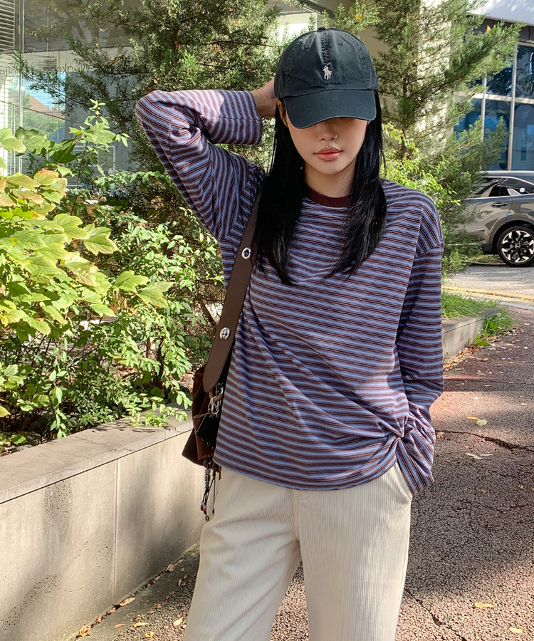 【起毛】ベインストライプTシャツ BLUE