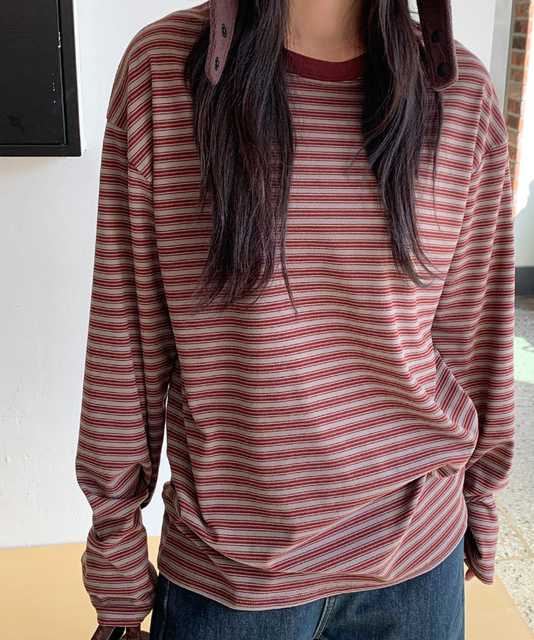 【起毛】ベインストライプTシャツ BURGUNDY