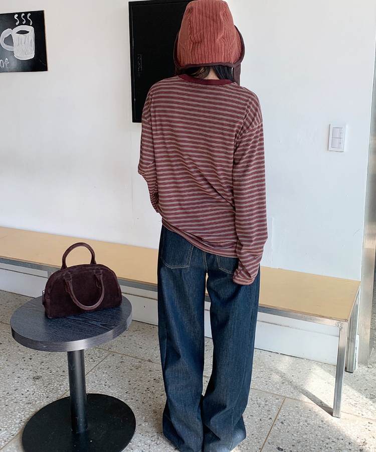 【起毛】ベインストライプTシャツ BURGUNDY