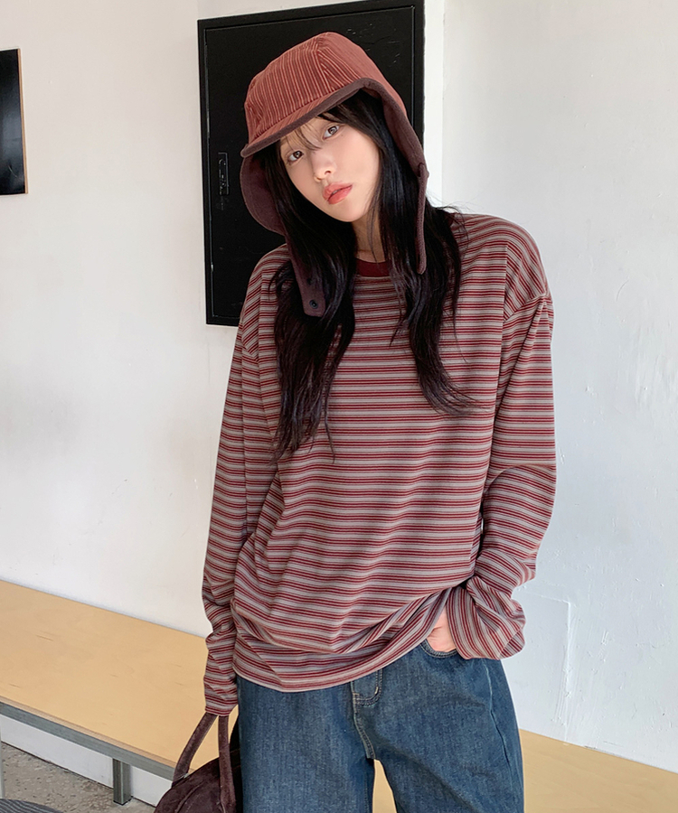 【起毛】ベインストライプTシャツ BURGUNDY