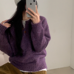 ボカシボタンラウンドウールニット(5color) PURPLE