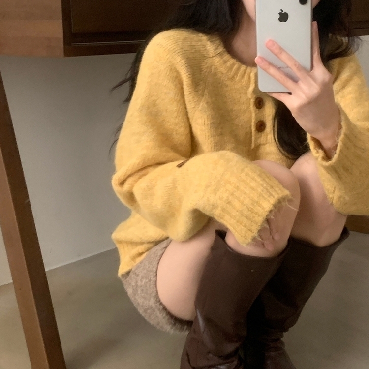 ボカシボタンラウンドウールニット(5color) YELLOW