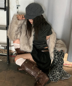 レオパードニットマフラー GREY