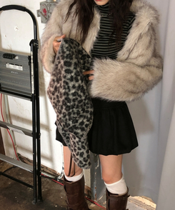 レオパードニットマフラー GREY