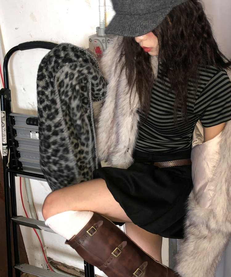 レオパードニットマフラー GREY