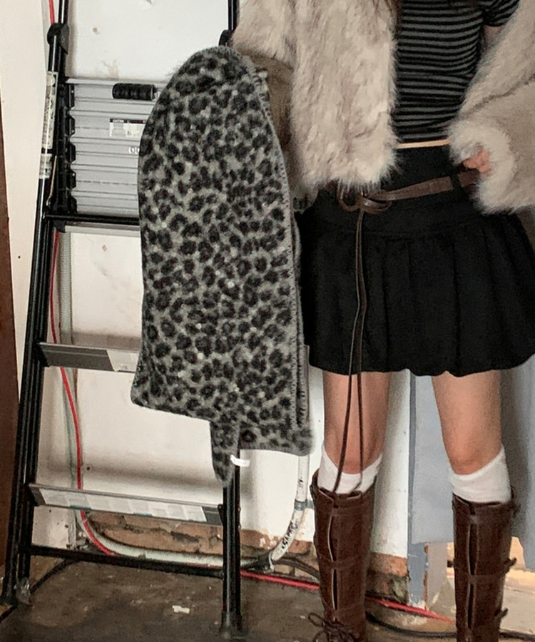 レオパードニットマフラー GREY