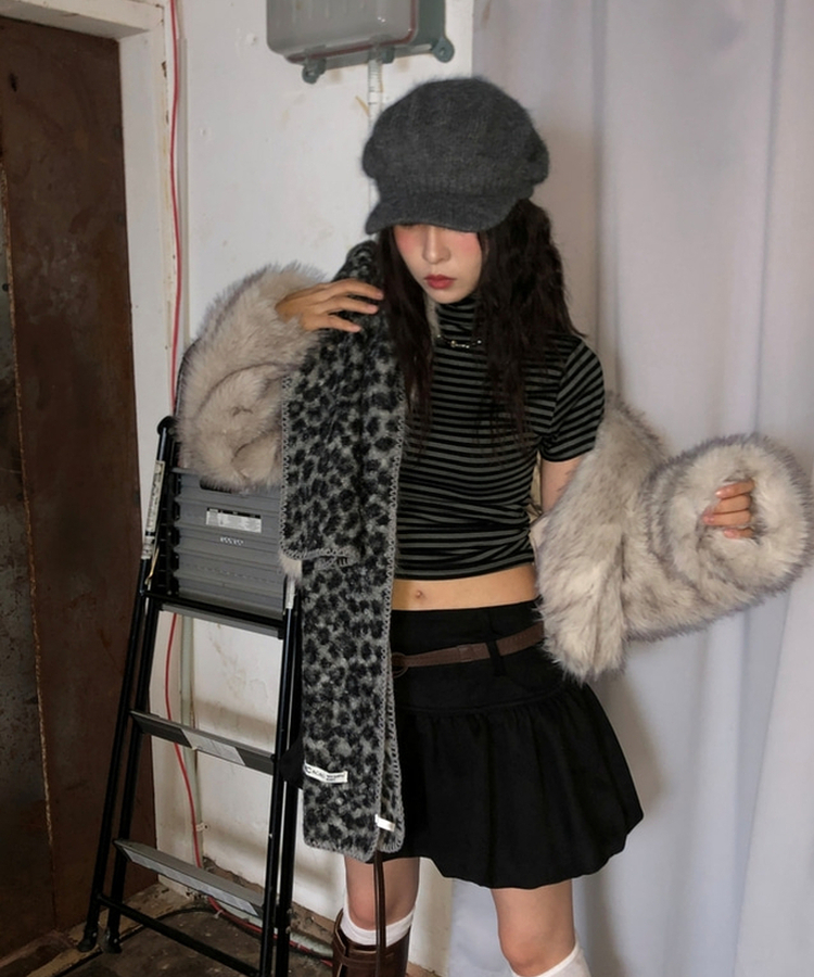 レオパードニットマフラー GREY