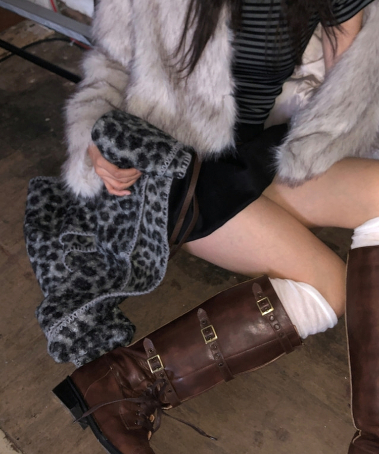 レオパードニットマフラー GREY