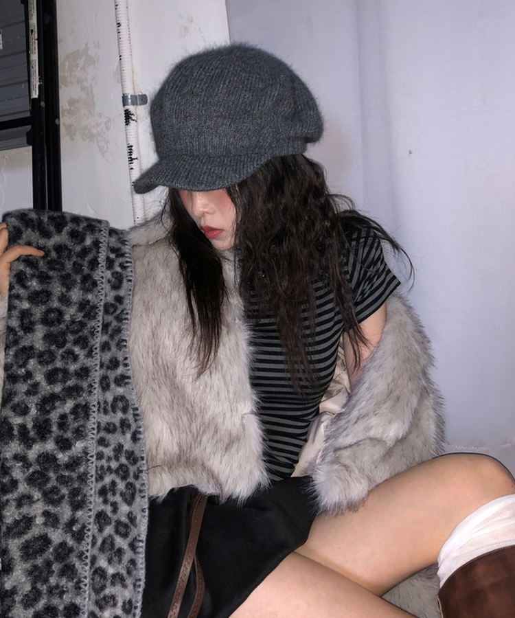 レオパードニットマフラー GREY