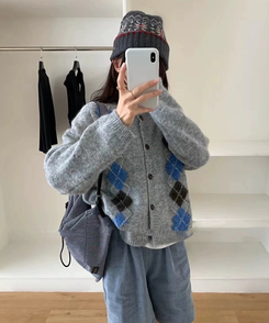 ウールアーガイルニットカーディガン GREY