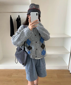 ウールアーガイルニットカーディガン GREY