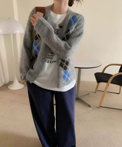 ウールアーガイルニットカーディガン GREY