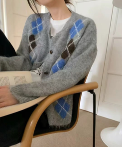 ウールアーガイルニットカーディガン GREY