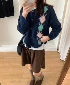 ウールアーガイルニットカーディガン NAVY