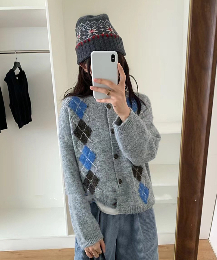 ウールアーガイルニットカーディガン GREY