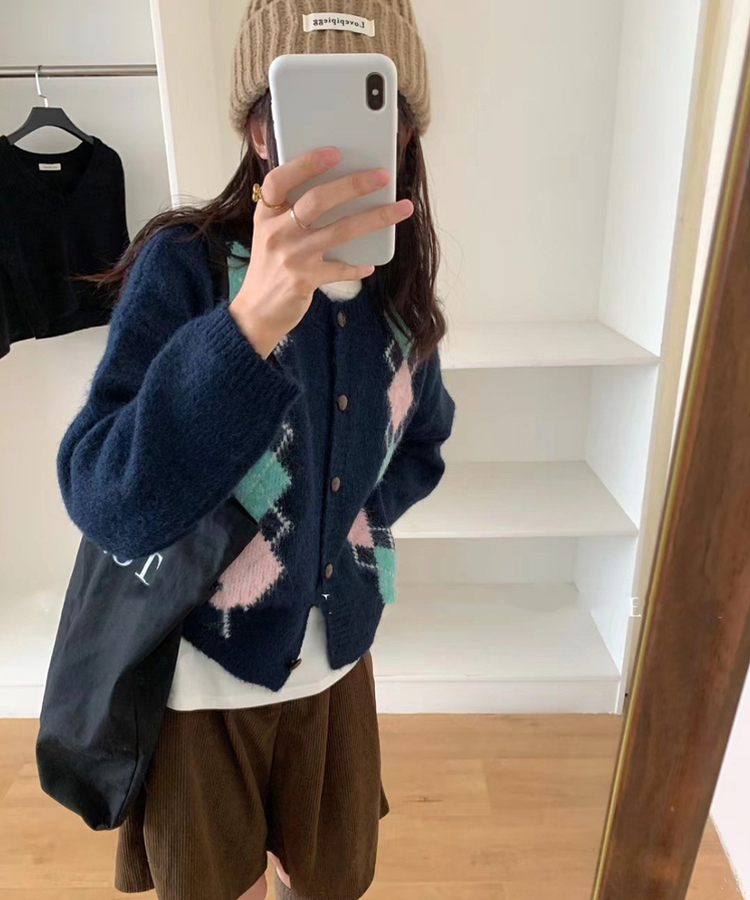ウールアーガイルニットカーディガン NAVY