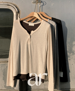 （華奢見えシルエット／レイヤード風♥）   配色ウェーブ レイヤード風 プラケット付きロンT