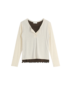 （華奢見えシルエット／レイヤード風♥）   配色ウェーブ レイヤード風 プラケット付きロンT